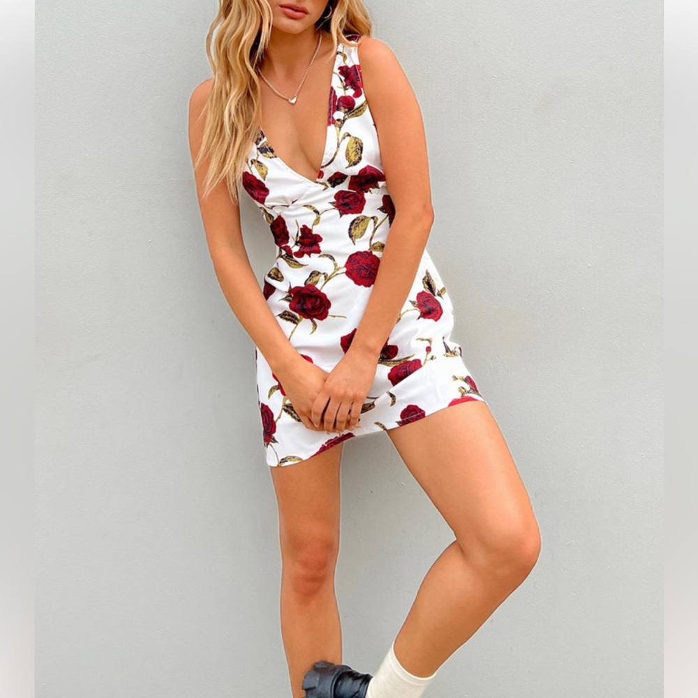 Princess Polly White Mini Dress with Red Rose Print